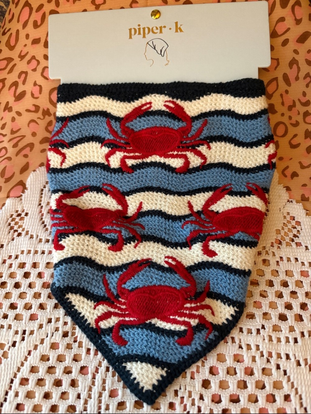Piper-k Crab Knit Head Scarf in Blue, Cream & Red